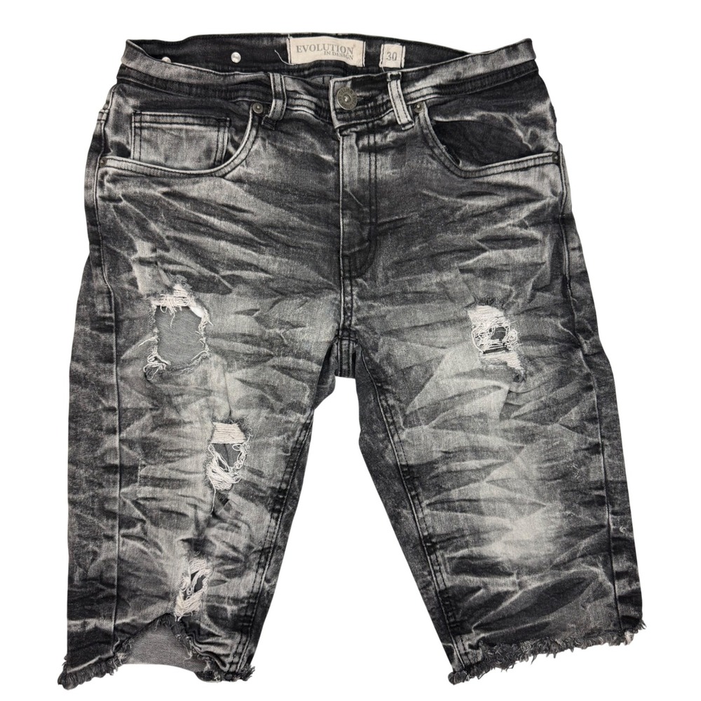 Evolution In Design Men's‎ Distressed Black Wash Denim Shorts Size 30 Y2K Grunge